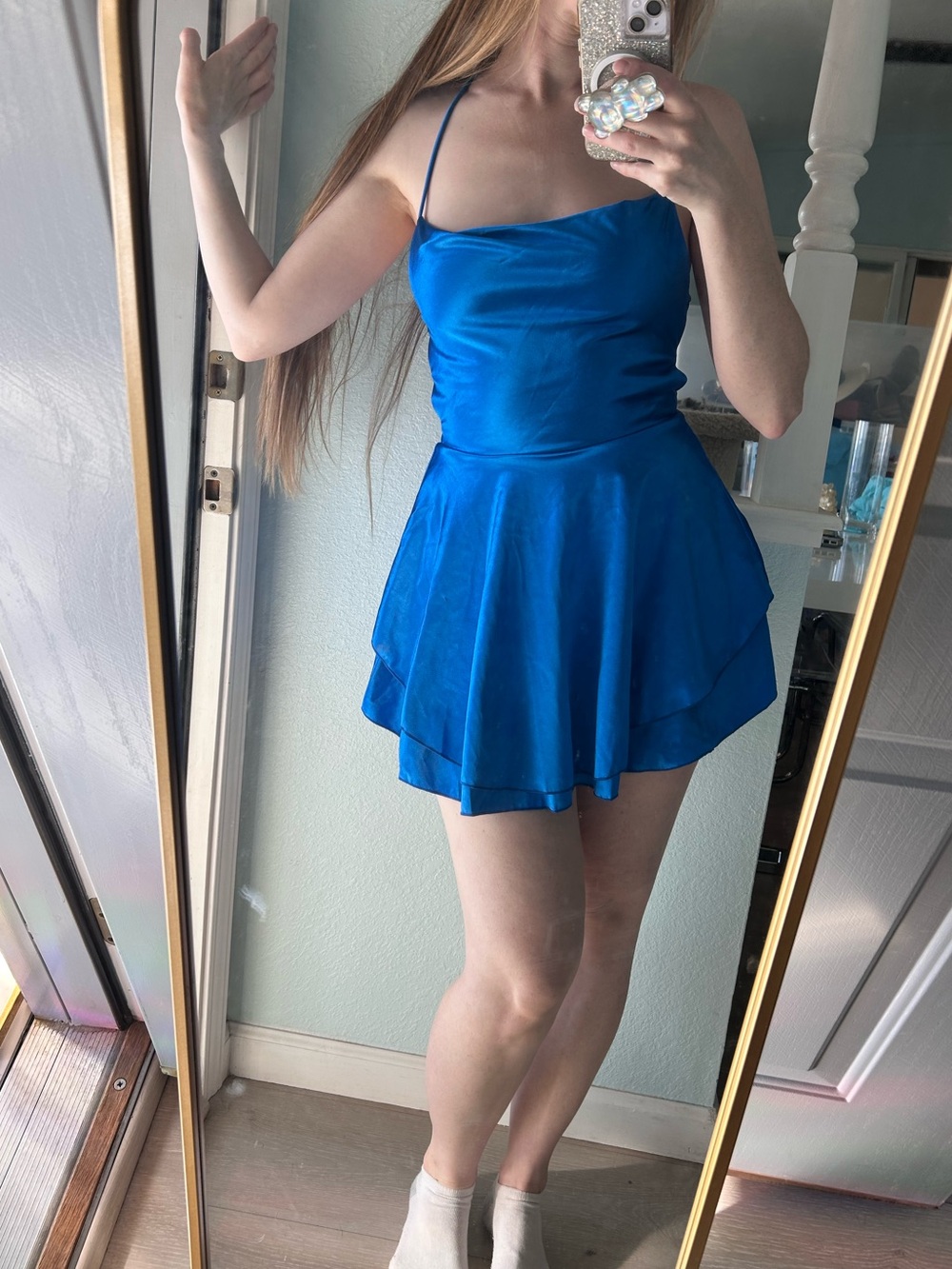 Royal blue satin ruffle dress cross cross back cowel neck line